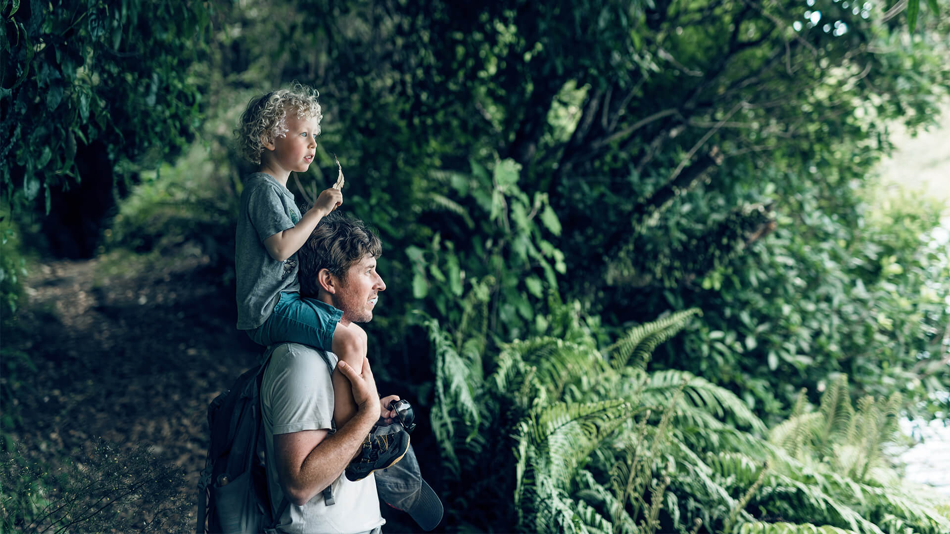 dad carrying son on his shoulders through the bush